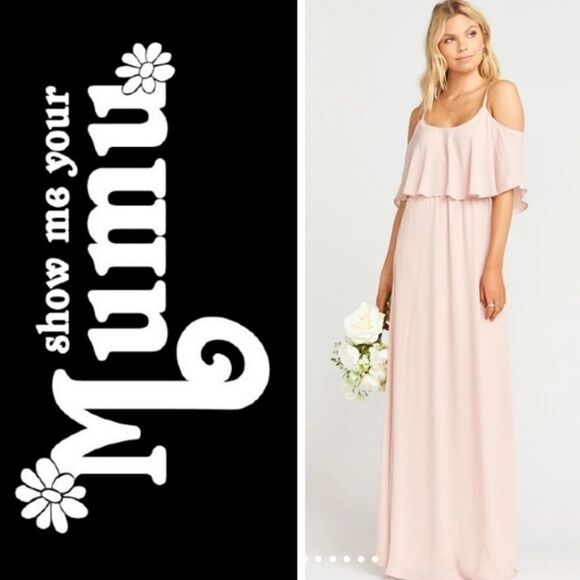 Show me your mumu Caitlin Ruffle Maxi Dress Size M NWOT Dusty Blush Crisp - Picture 1 of 8